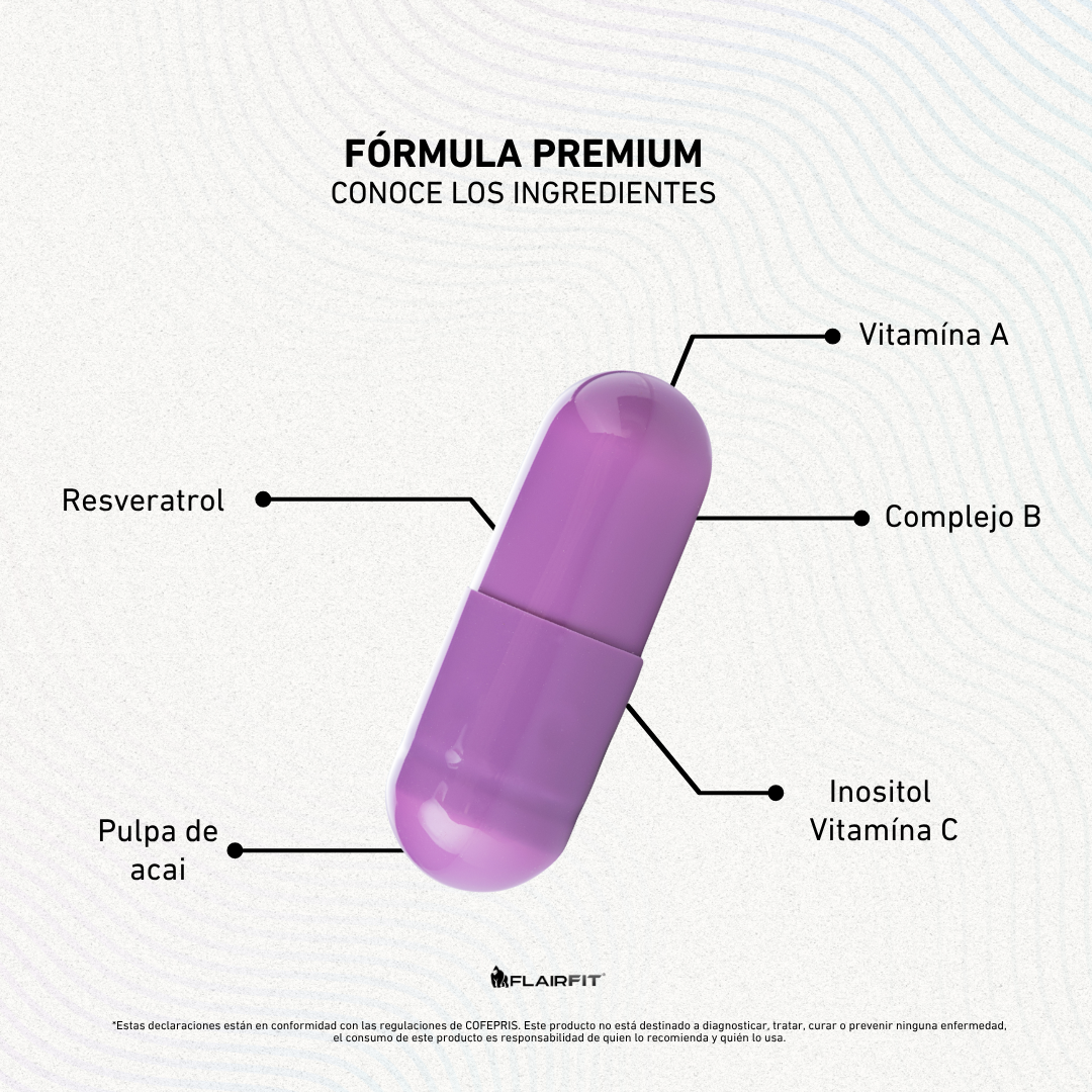 FLAIRFIT® Resveratrol Antioxidante, Vitamínas, Semilla Acaí, Inositol, Complejo B