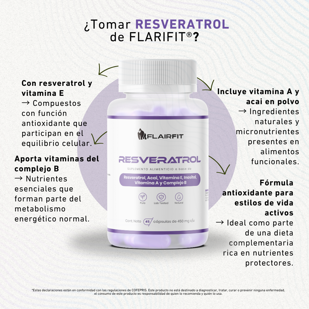 FLAIRFIT® Resveratrol Antioxidante, Vitamínas, Semilla Acaí, Inositol, Complejo B