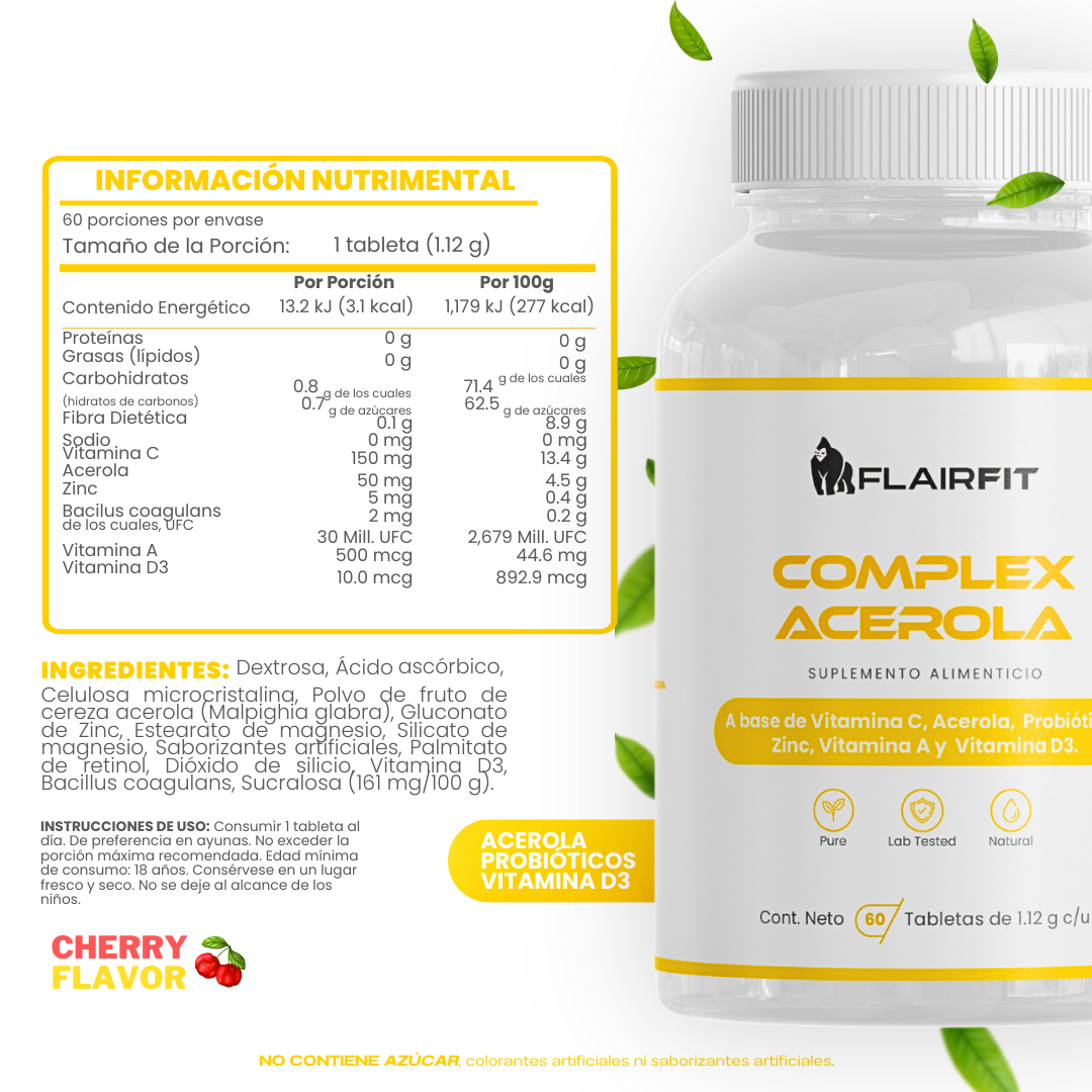 FLAIRFIT® Complex Acerola, Vitamína D3, Probióticos, Sabor Cereza