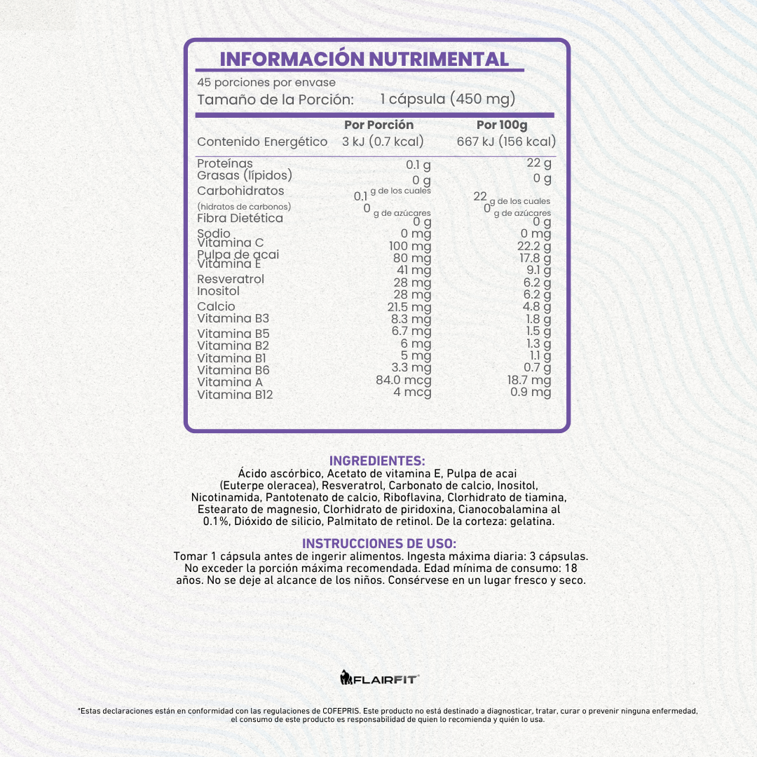 FLAIRFIT® Resveratrol Antioxidante, Vitamínas, Semilla Acaí, Inositol, Complejo B