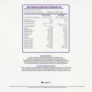 FLAIRFIT® Resveratrol Antioxidante, Vitamínas, Semilla Acaí, Inositol, Complejo B