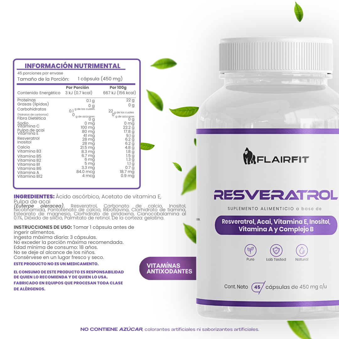 FLAIRFIT® RESVERATROL ANTIOXIDANT, VITAMINS • ACAI SEED • INOSITOL • B COMPLEX
