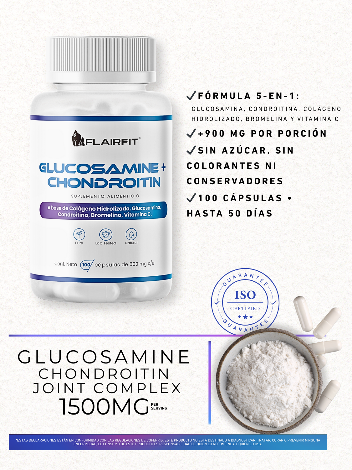 Flairfit® Glucosamina + Condroitina – 100 cápsulas (1500 mg por porción)