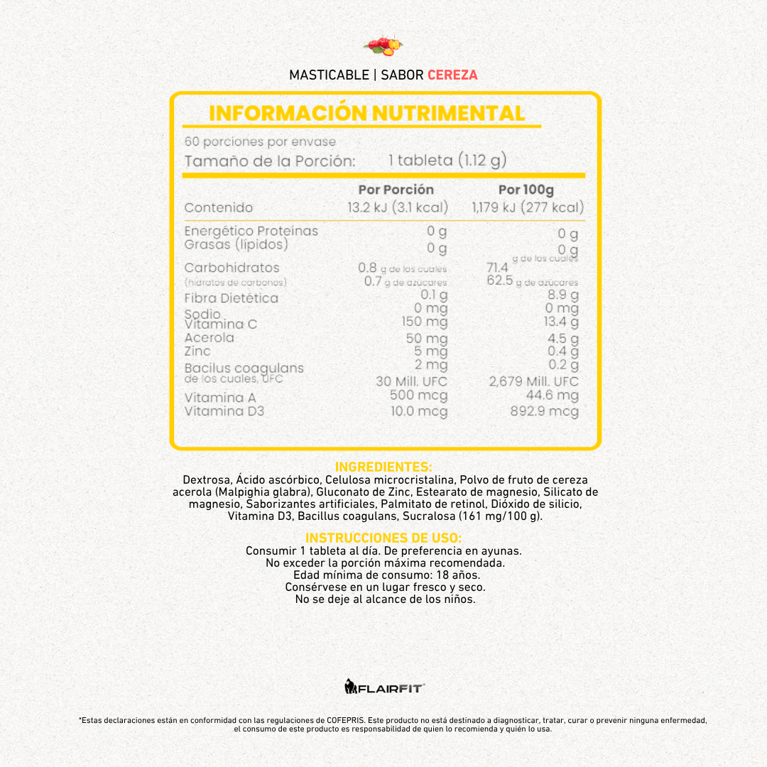 FLAIRFIT® Complex Acerola + Vitamina D3 y Probióticos – Sabor Cereza - 60 cápsulas