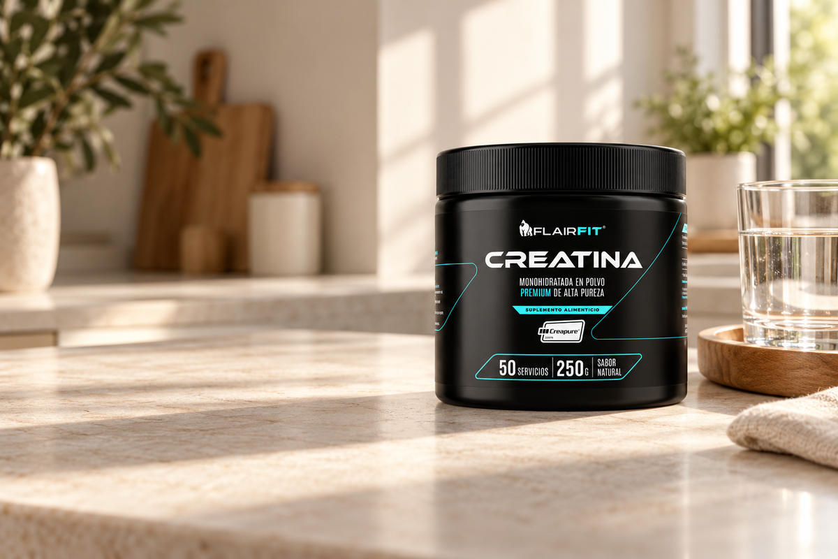 Creatina FLAIRFIT Creapure de 250 g sobre una encimera junto a un vaso de agua
