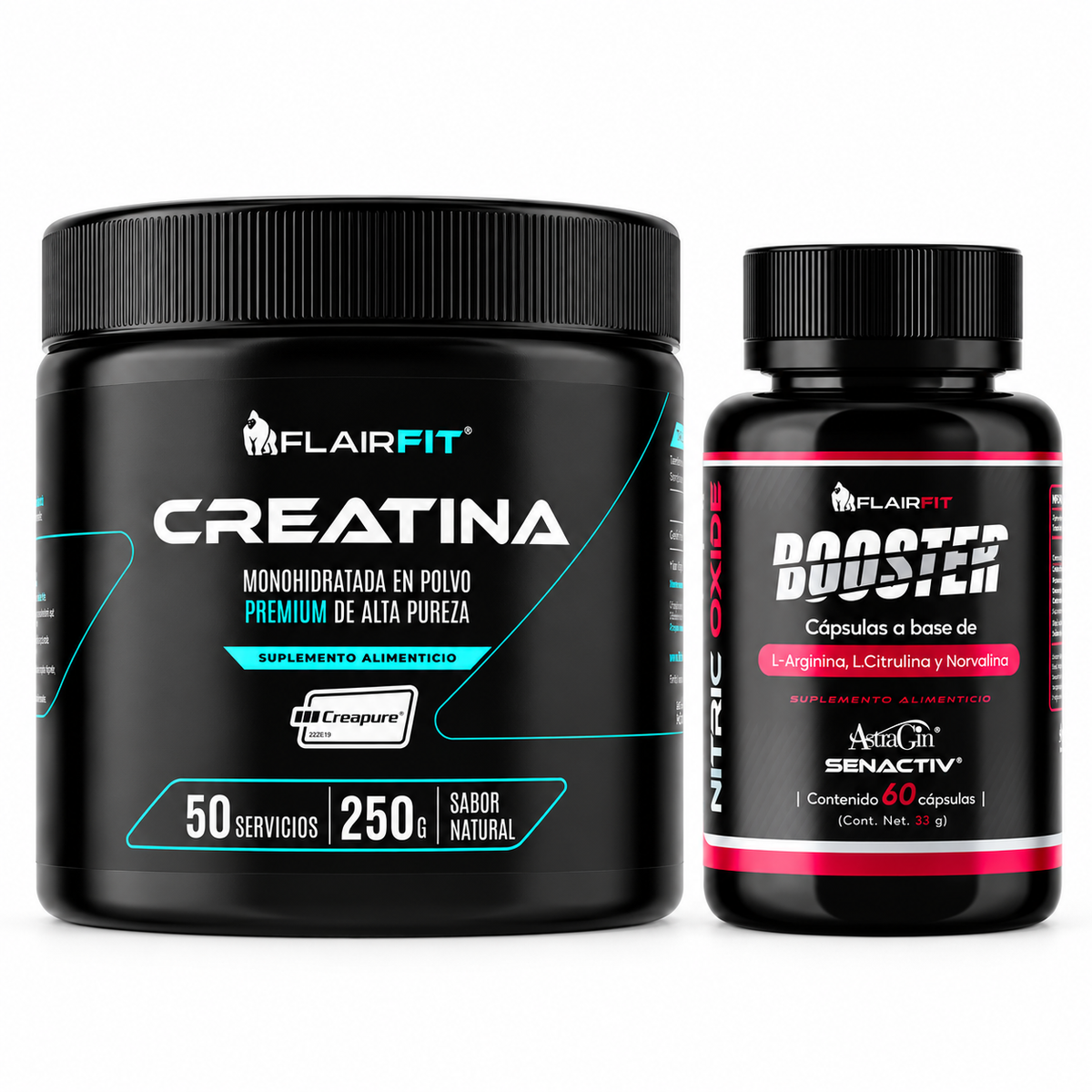 Pack Fuerza Flairfit® · Creatina + Booster — contenido completo del pack