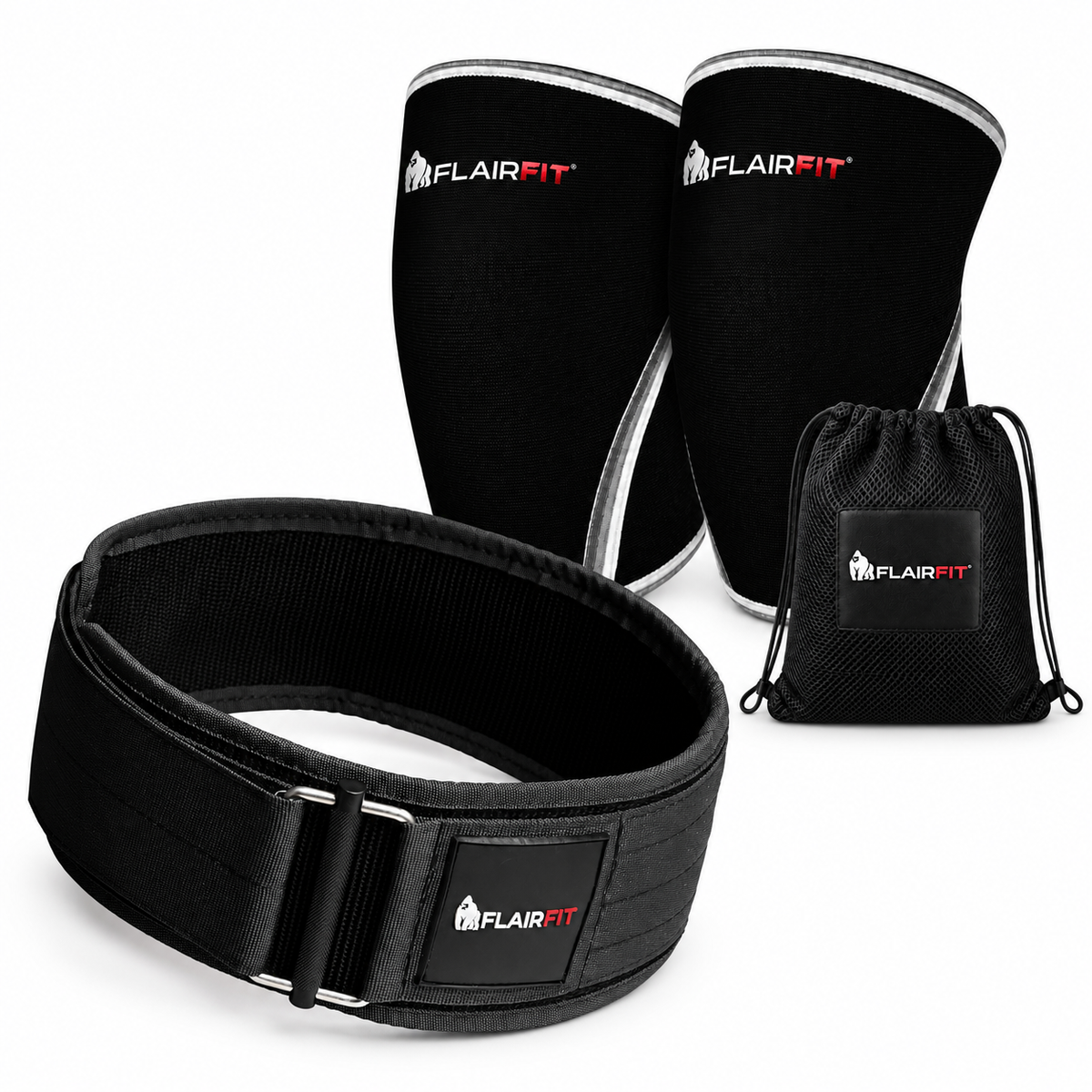 Pack Levantamiento Flairfit® · Cinturón + Rodilleras 7 mm — contenido completo del pack