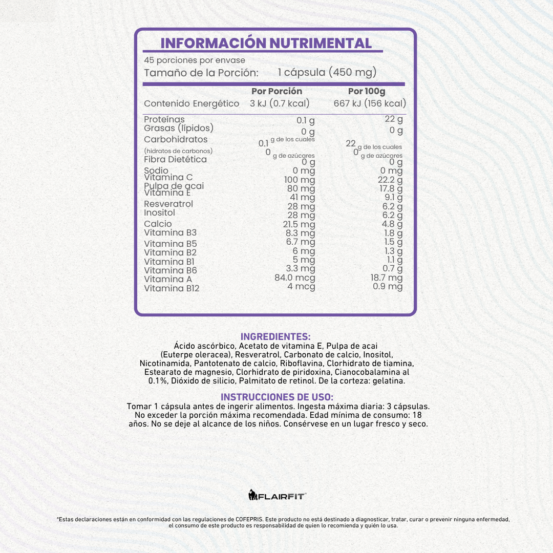 FLAIRFIT® RESVERATROL ANTIOXIDANT, VITAMINS • ACAI SEED • INOSITOL • B COMPLEX