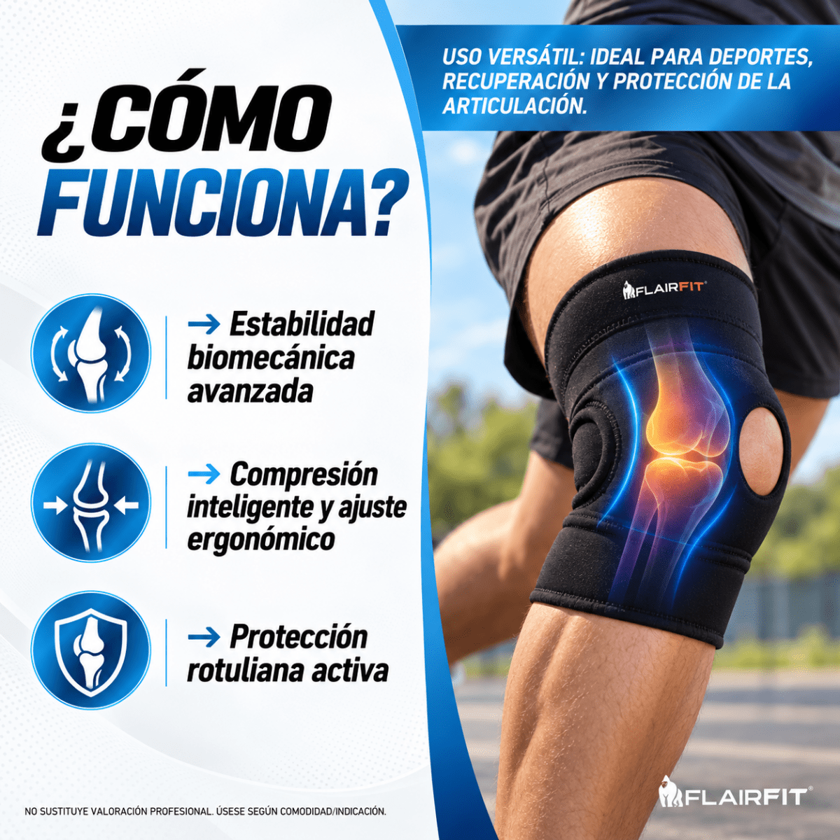 Detalle de la rodillera FLAIRFIT colocada en la rodilla.