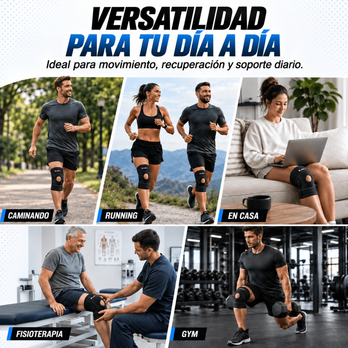 Ejemplos de uso de la rodillera FLAIRFIT en actividades cotidianas.