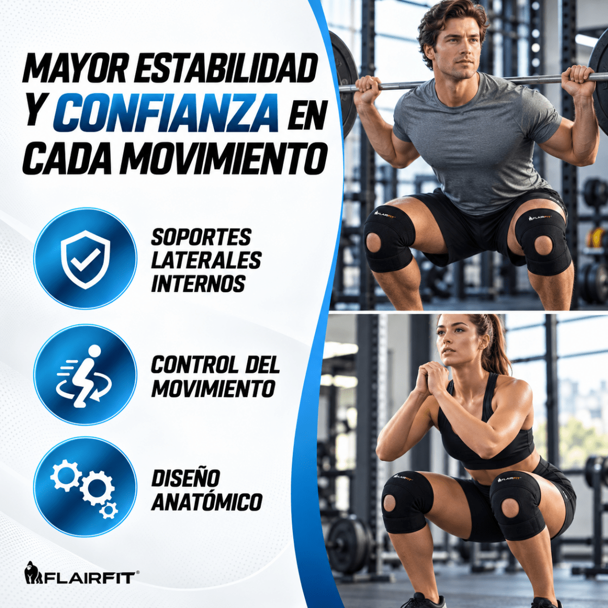 Imágenes de entrenamiento con rodillera FLAIRFIT y su diseño.