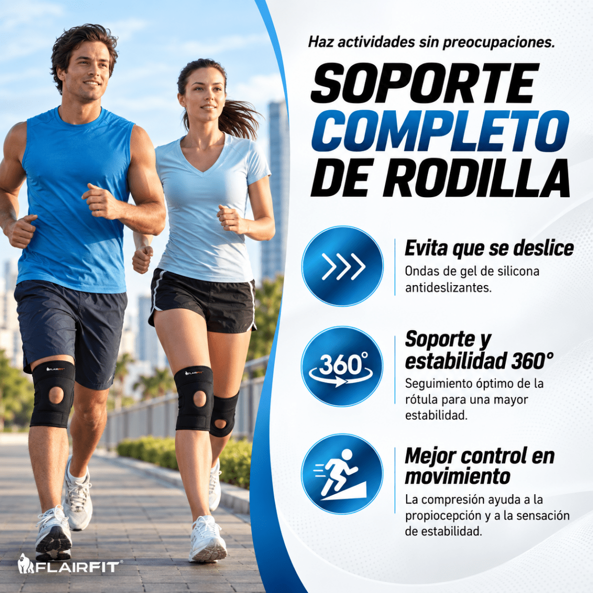 Rodillera FLAIRFIT utilizada durante una actividad física.